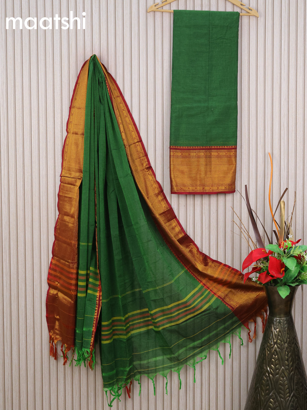 Narayanpet cotton dress material green and maroon with plain body and zari woven border & dupatta - without bottom