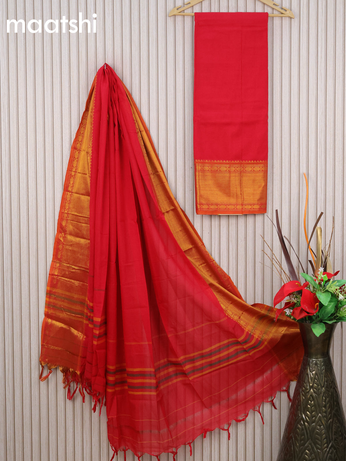 Narayanpet cotton dress material red and orange with plain body and zari woven border & dupatta - without bottom