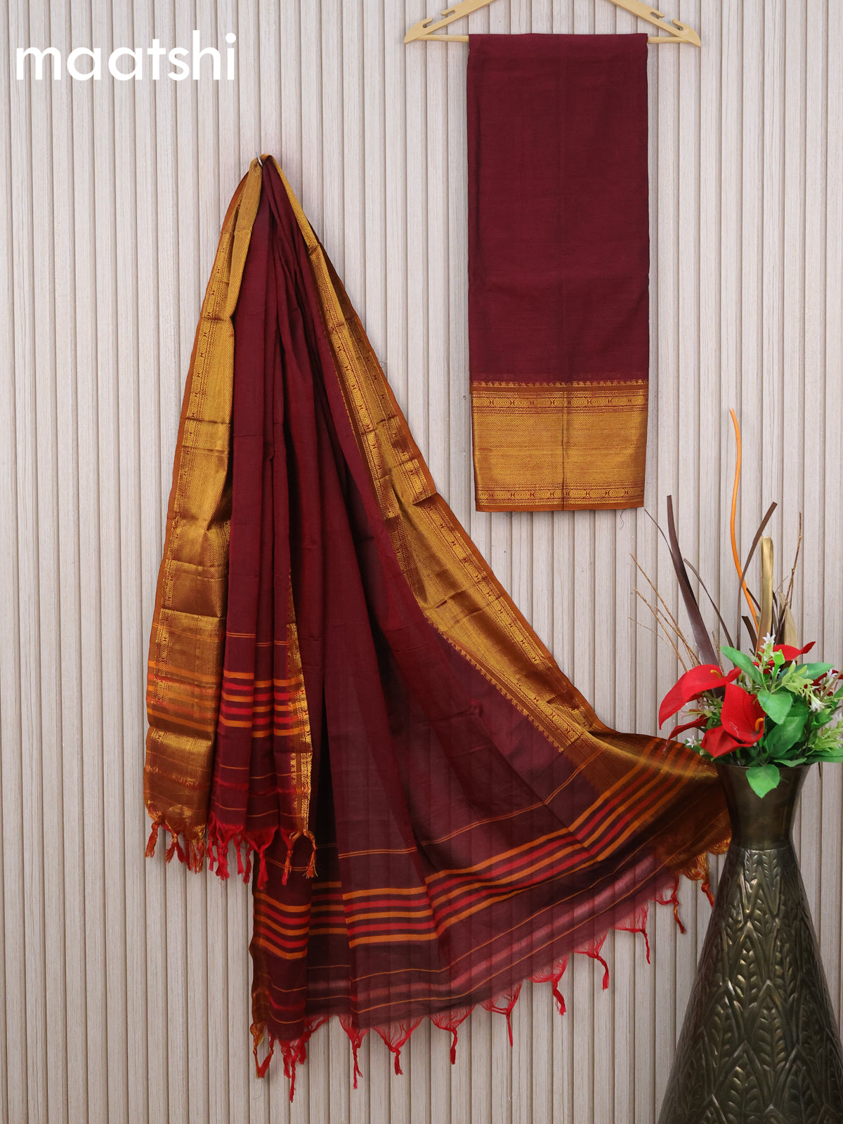 Narayanpet cotton dress material maroon and dark mustard with plain body and zari woven border & dupatta - without bottom