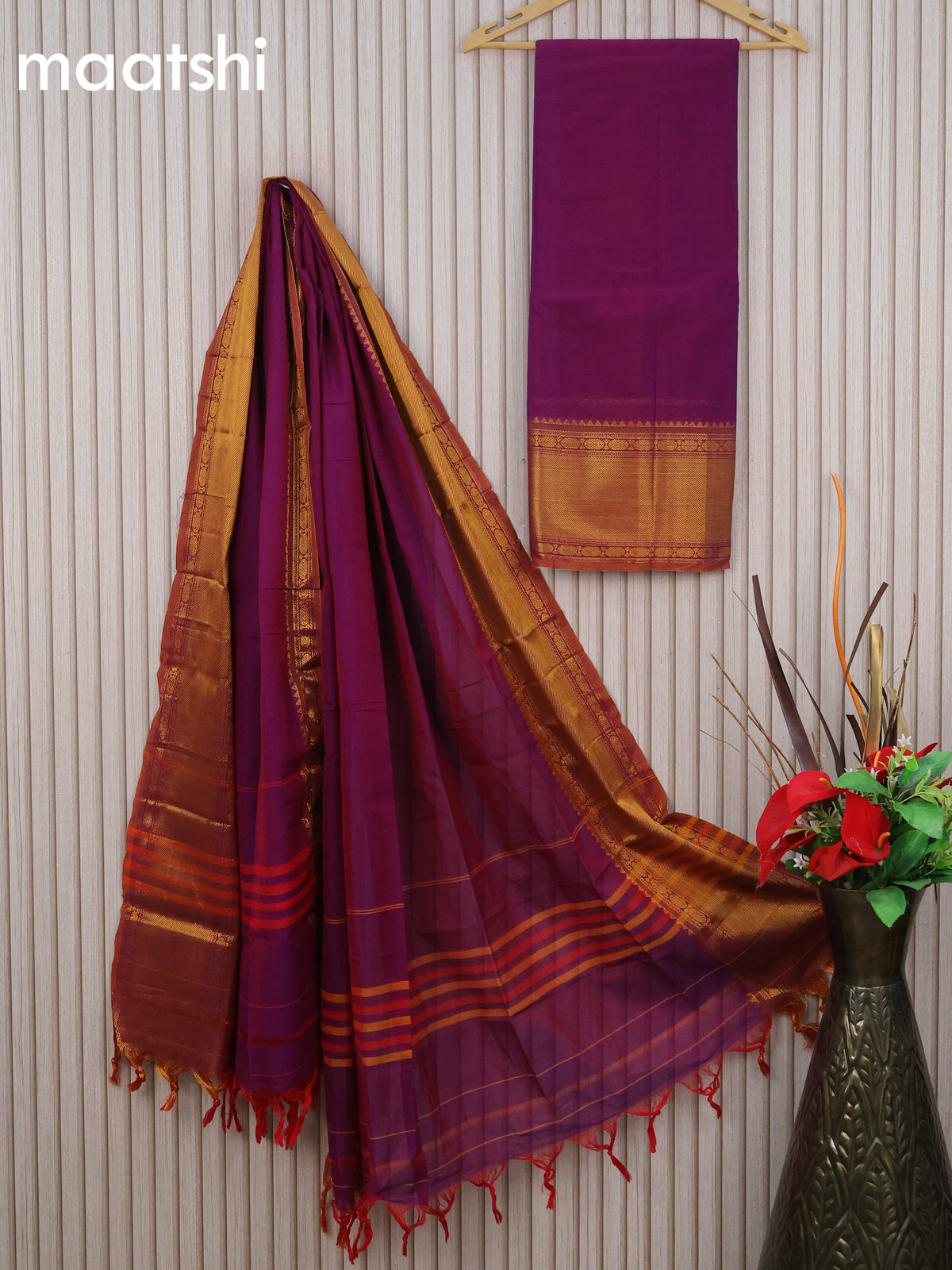 Narayanpet cotton dress material purple and rust shade with plain body and zari woven border & dupatta - without bottom