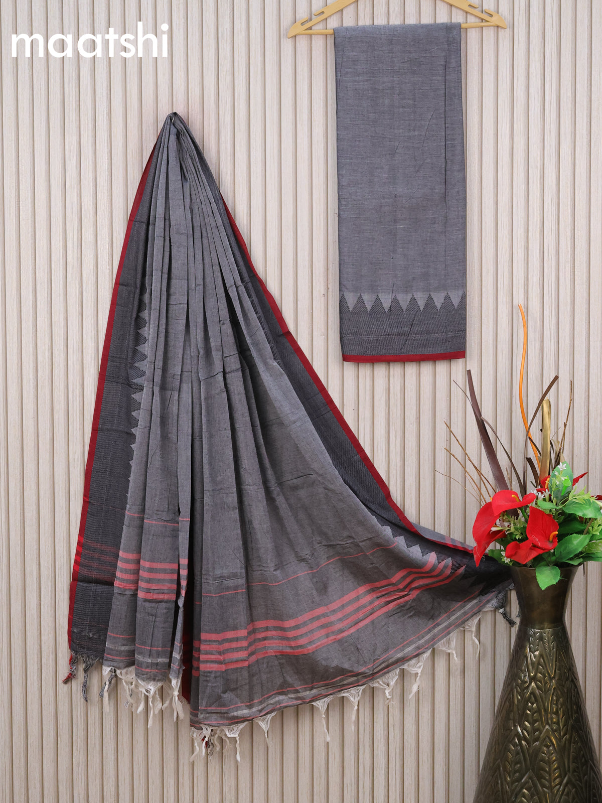 Narayanpet cotton dress material grey and maroon with plain body and temple deisgn thread woven border - without bottom