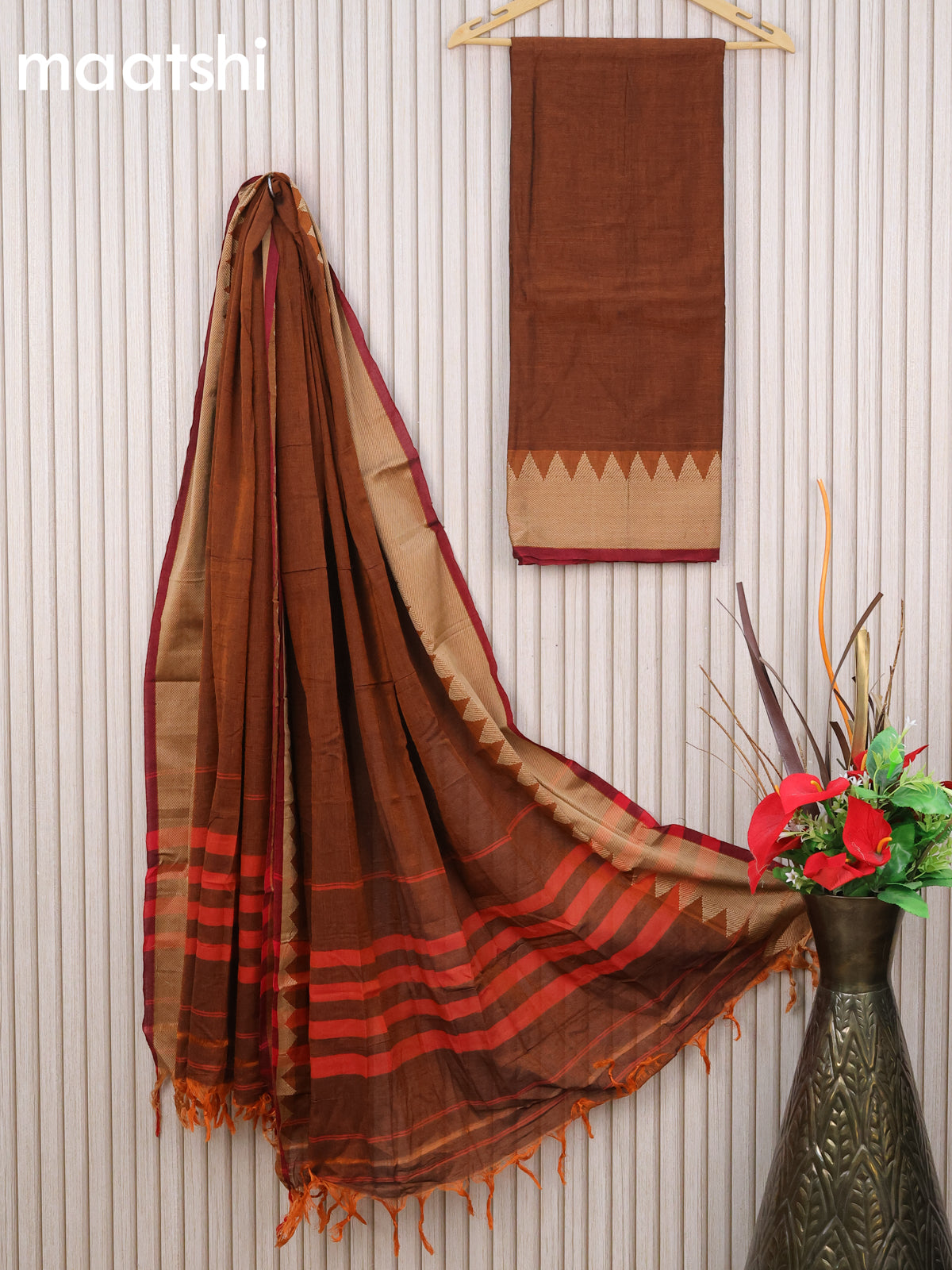 Narayanpet cotton dress material rust shade and maroon with plain body and temple deisgn thread woven border - without bottom