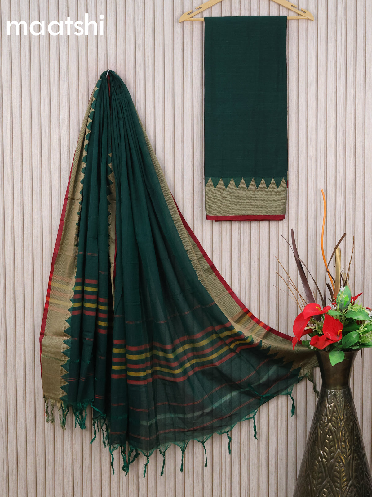 Narayanpet cotton dress material green and maroon with plain body and temple deisgn thread woven border - without bottom