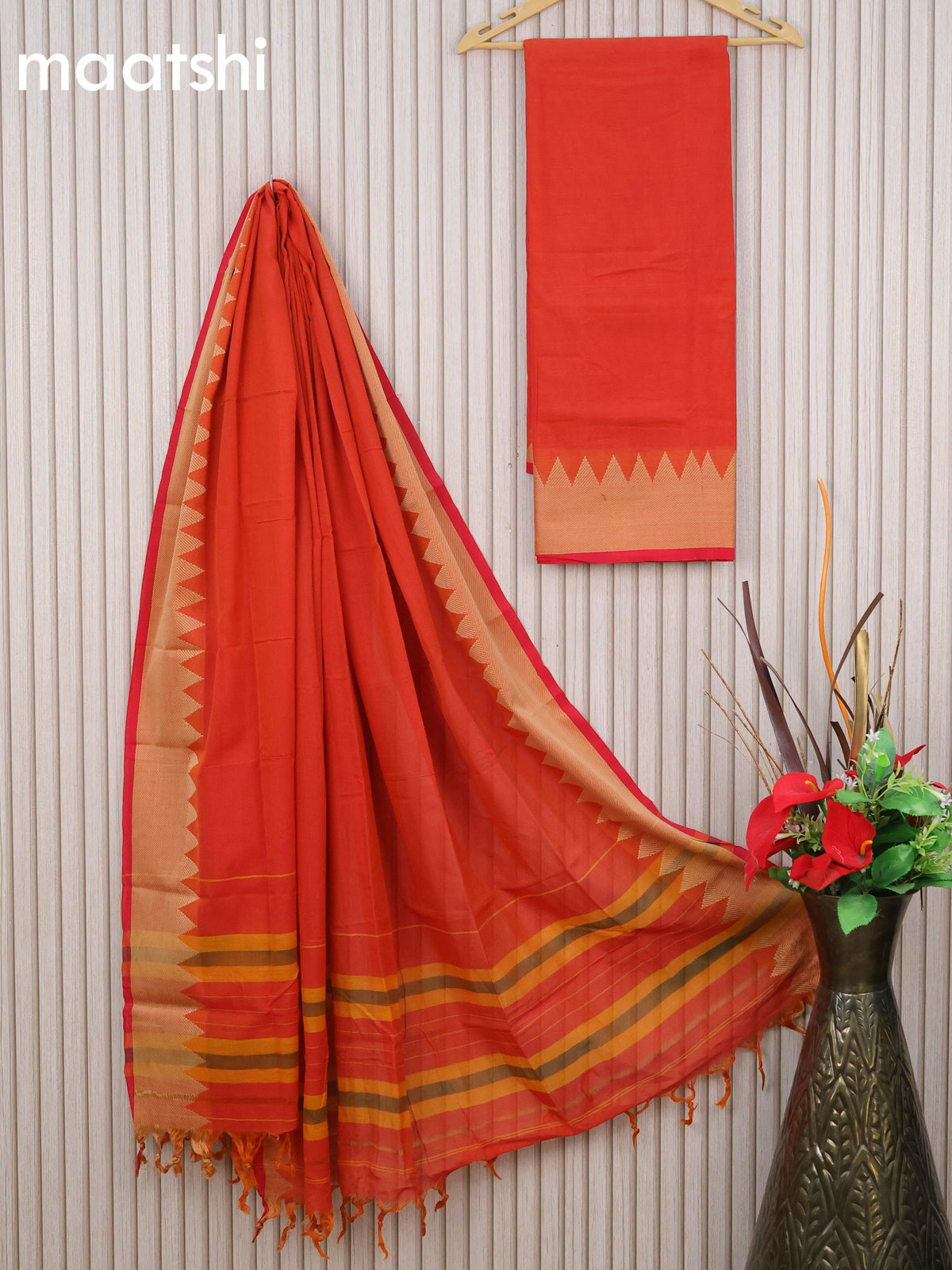 Narayanpet cotton dress material orange and red with plain body and temple deisgn thread woven border - without bottom