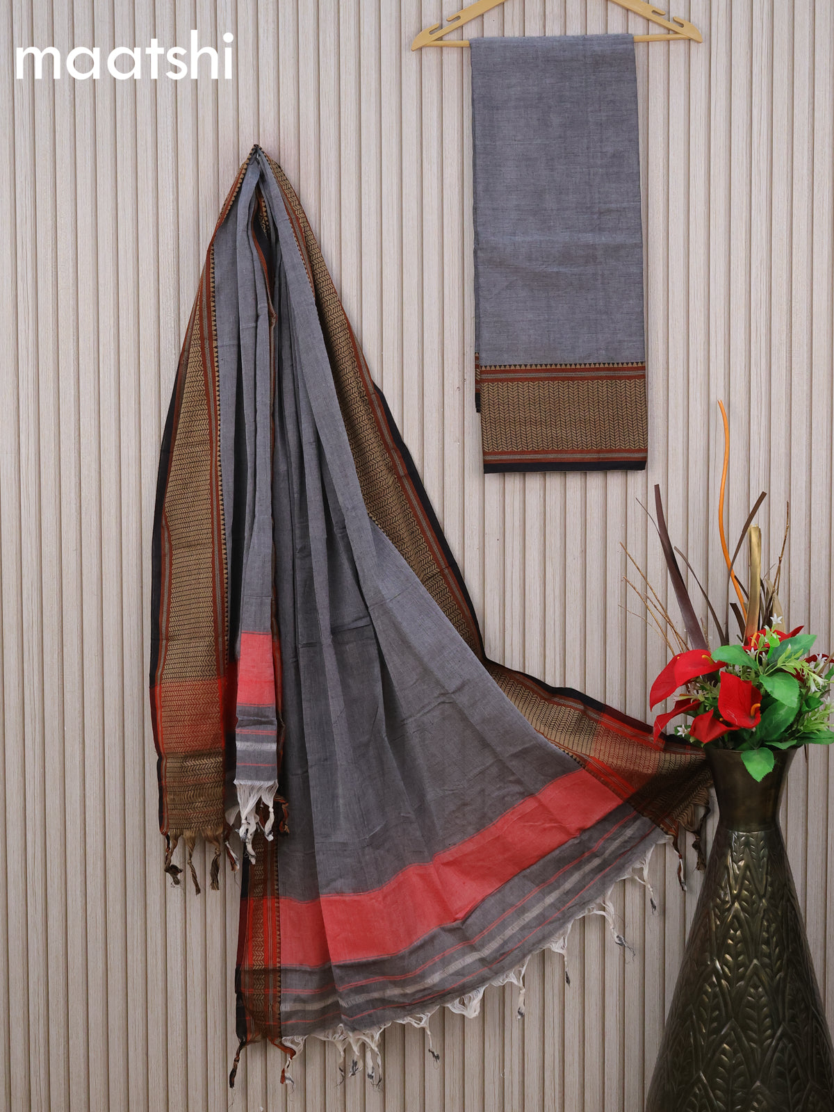 Narayanpet cotton dress material grey and black with plain body and thread woven border & dupatta - without bottom