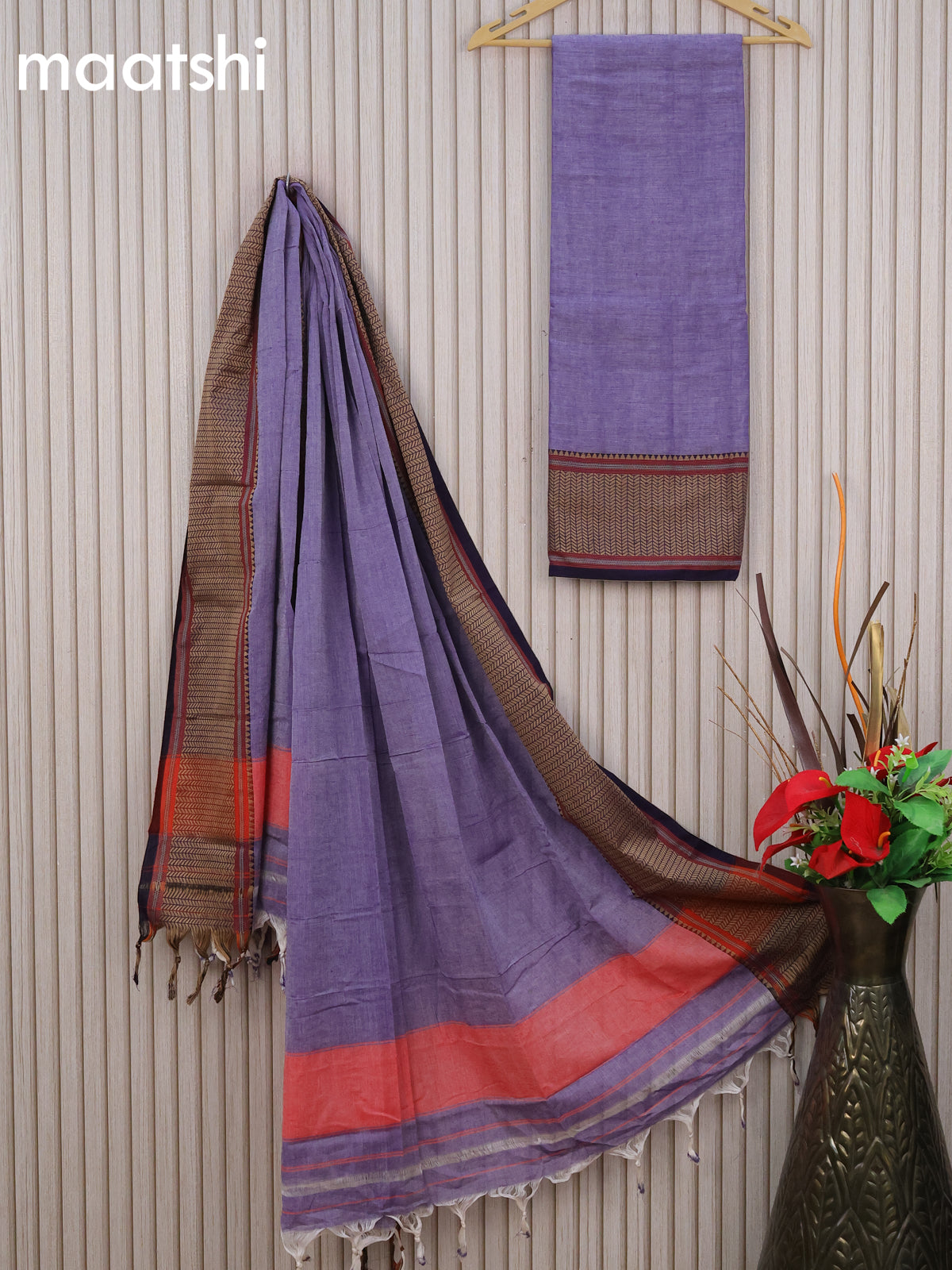 Narayanpet cotton dress material violet shade and blue with plain body and thread woven border & dupatta - without bottom