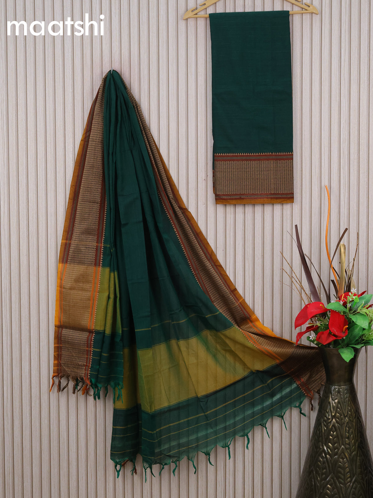 Narayanpet cotton dress material green and mustard shade with plain body and thread woven border & dupatta - without bottom