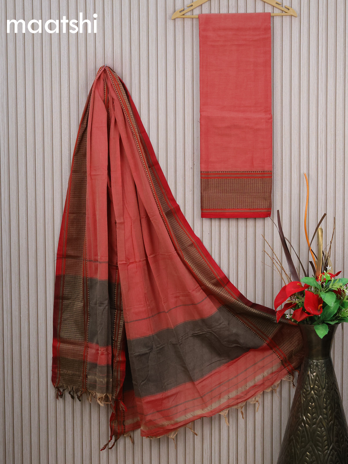 Narayanpet cotton dress material red shade with plain body and thread woven border & dupatta - without bottom