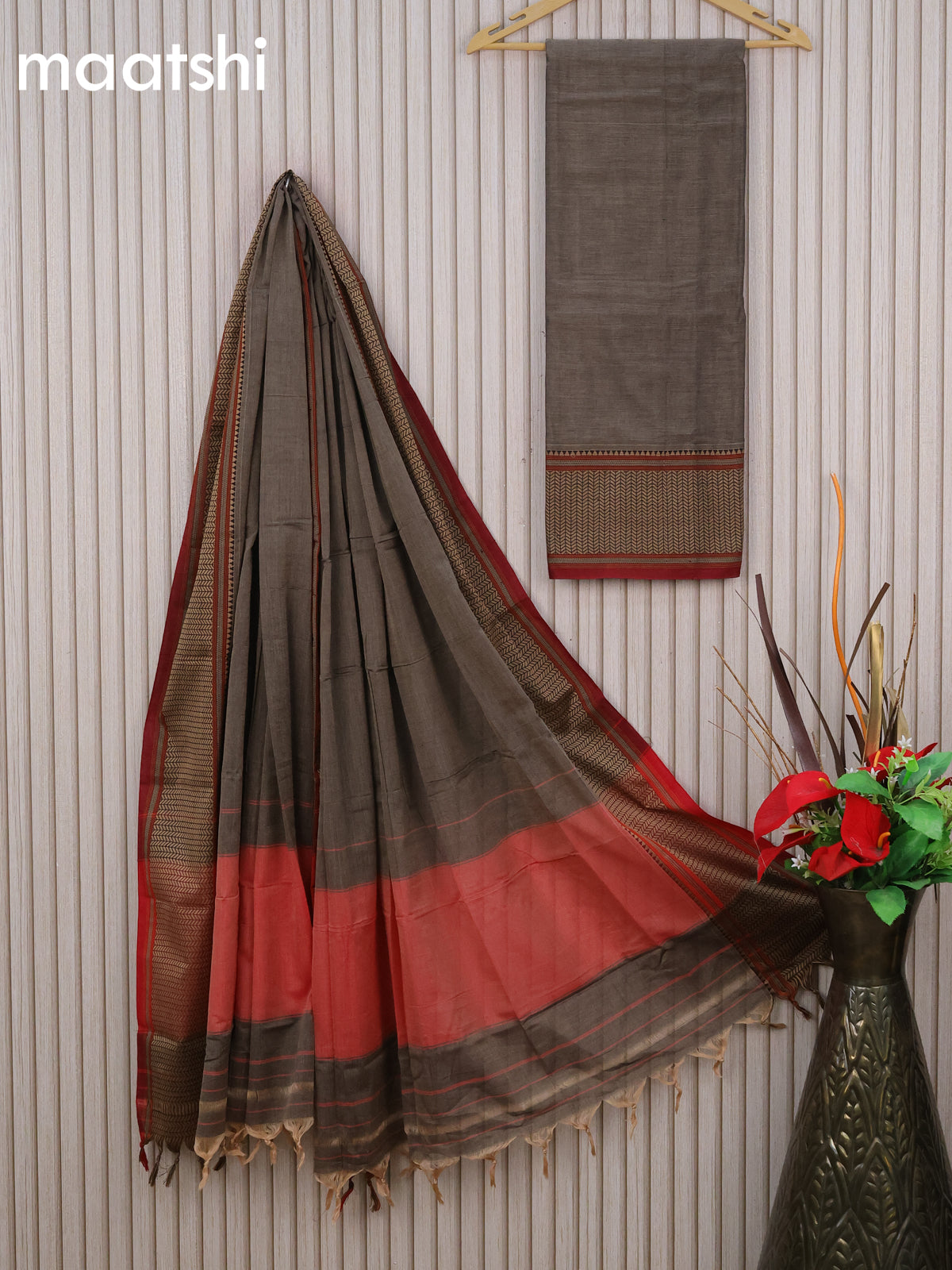 Narayanpet cotton dress material grey and maroon with plain body and thread woven border & dupatta - without bottom