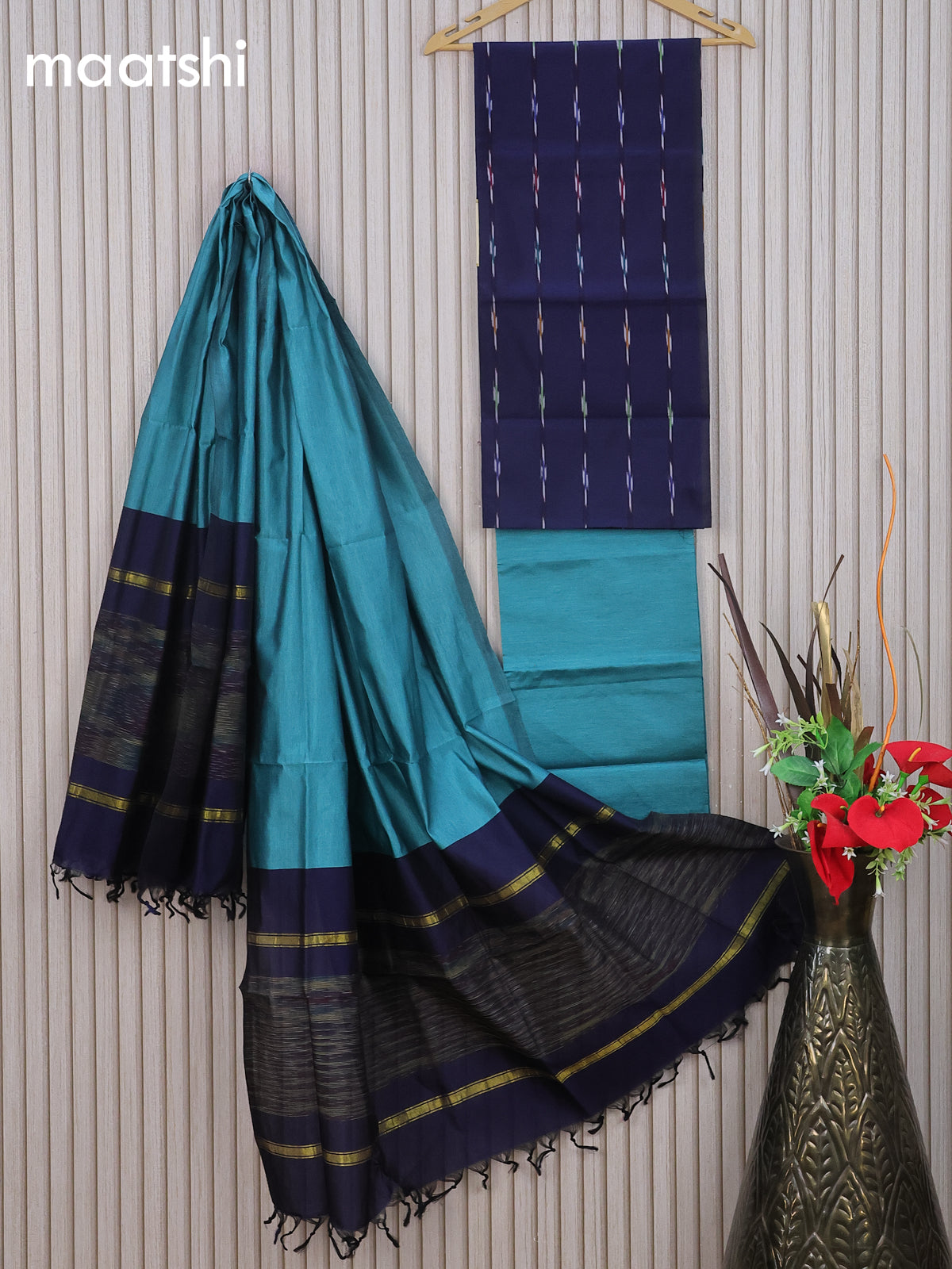 Ikat dress material navy blue and teal blue with allover ikat weaves and bottom & dupatta