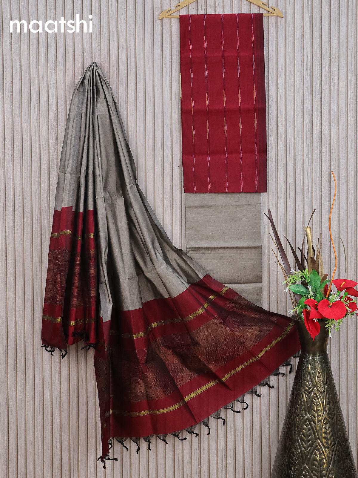 Ikat dress material maroon and grey with allover ikat weaves and bottom & dupatta