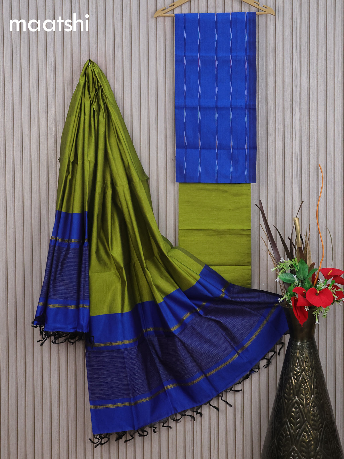 Ikat dress material blue and light green with allover ikat weaves and bottom & dupatta