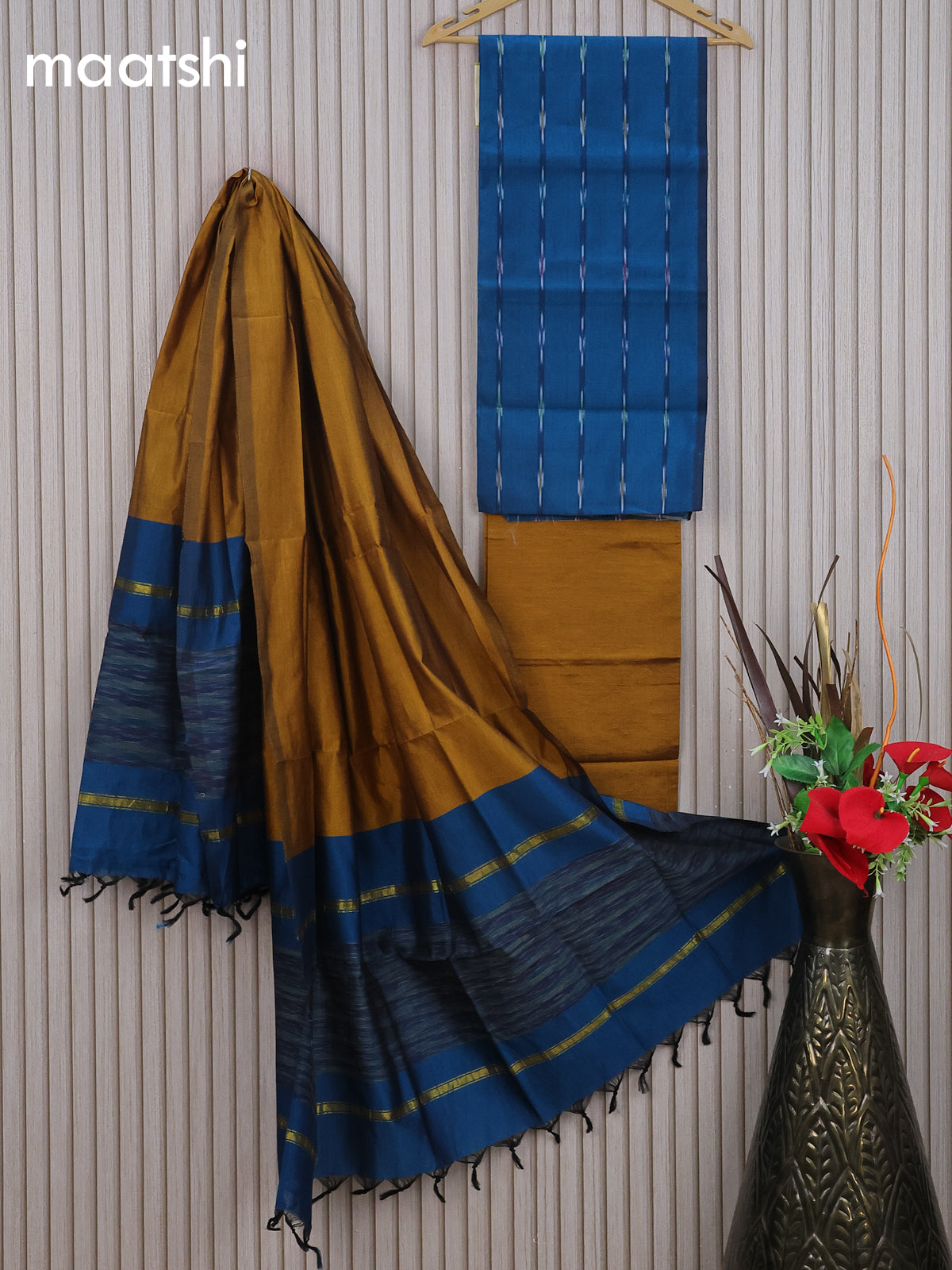 Ikat dress material cs blue and mustard yellow with allover ikat weaves and bottom & dupatta