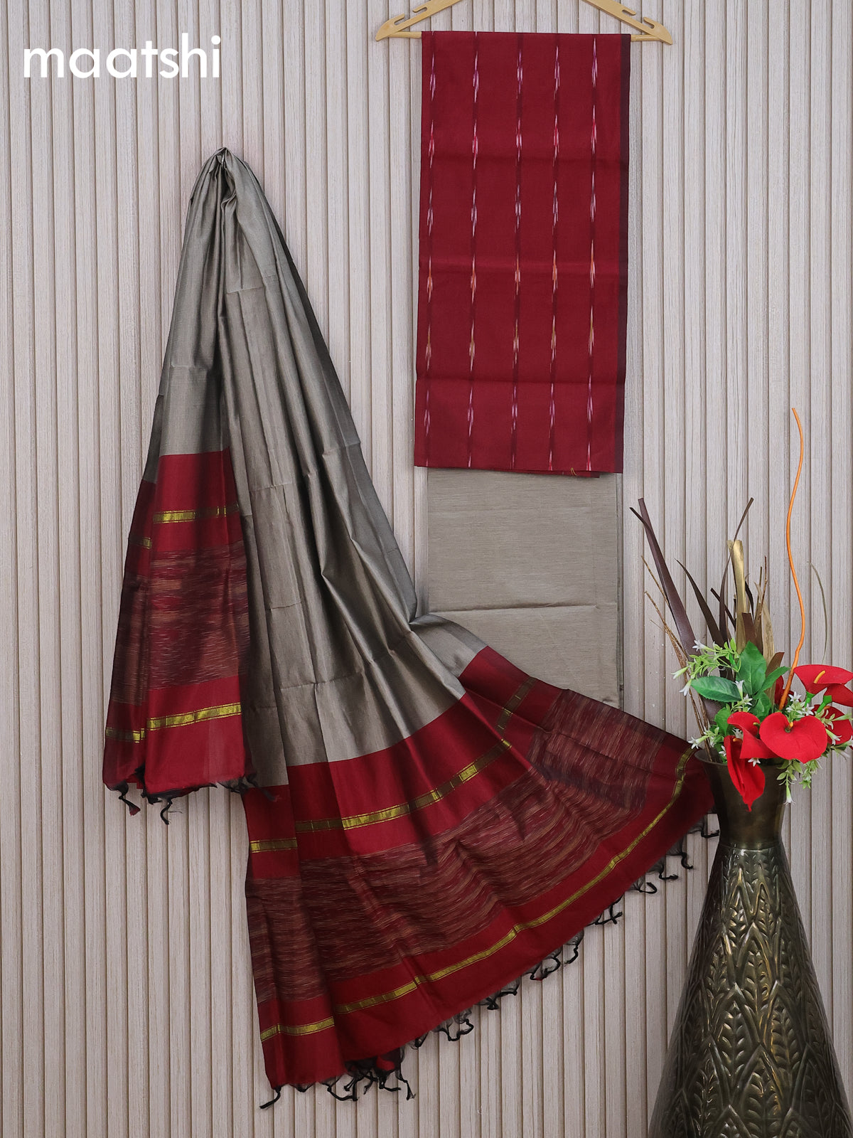 Ikat dress material maroon and grey with allover ikat weaves and bottom & dupatta