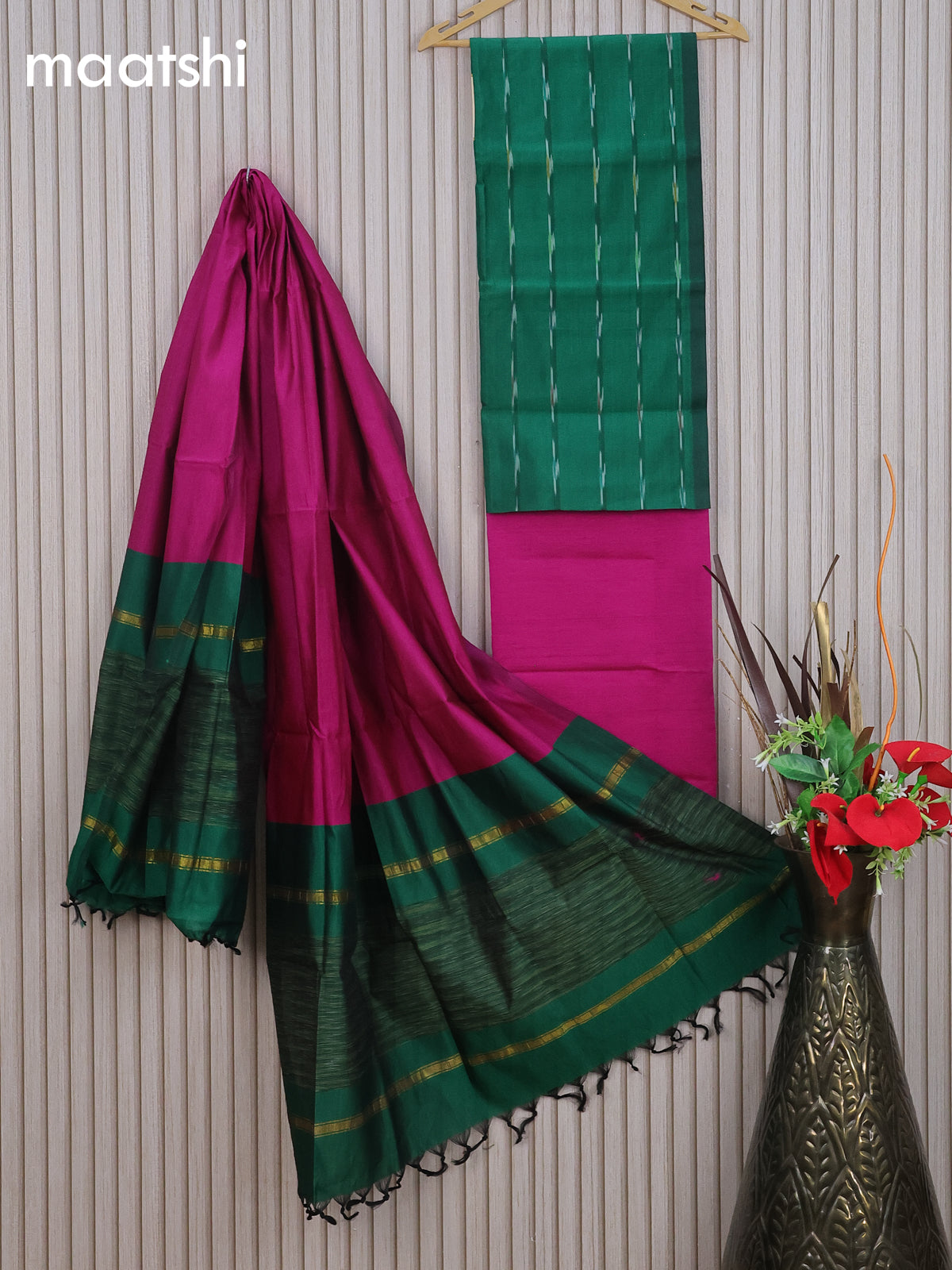 Ikat dress material green and pink with allover ikat weaves and bottom & dupatta