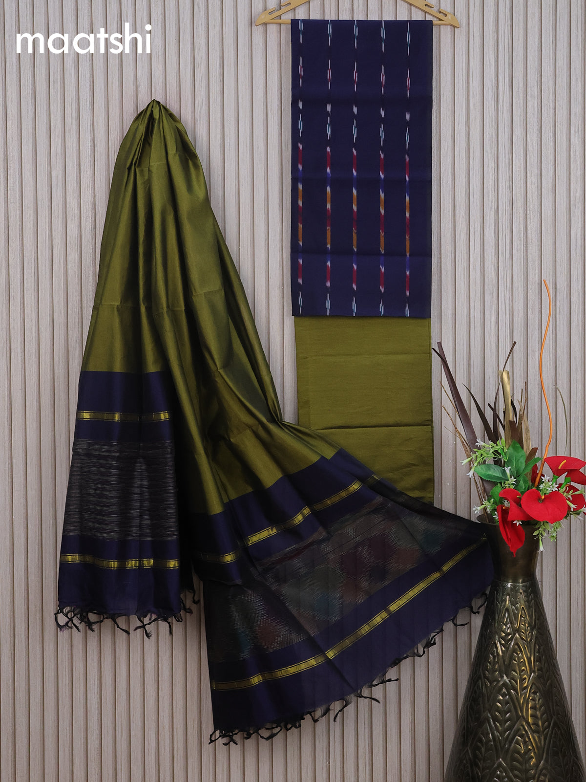 Ikat dress material navy blue and mehendi green with allover ikat weaves and bottom & dupatta