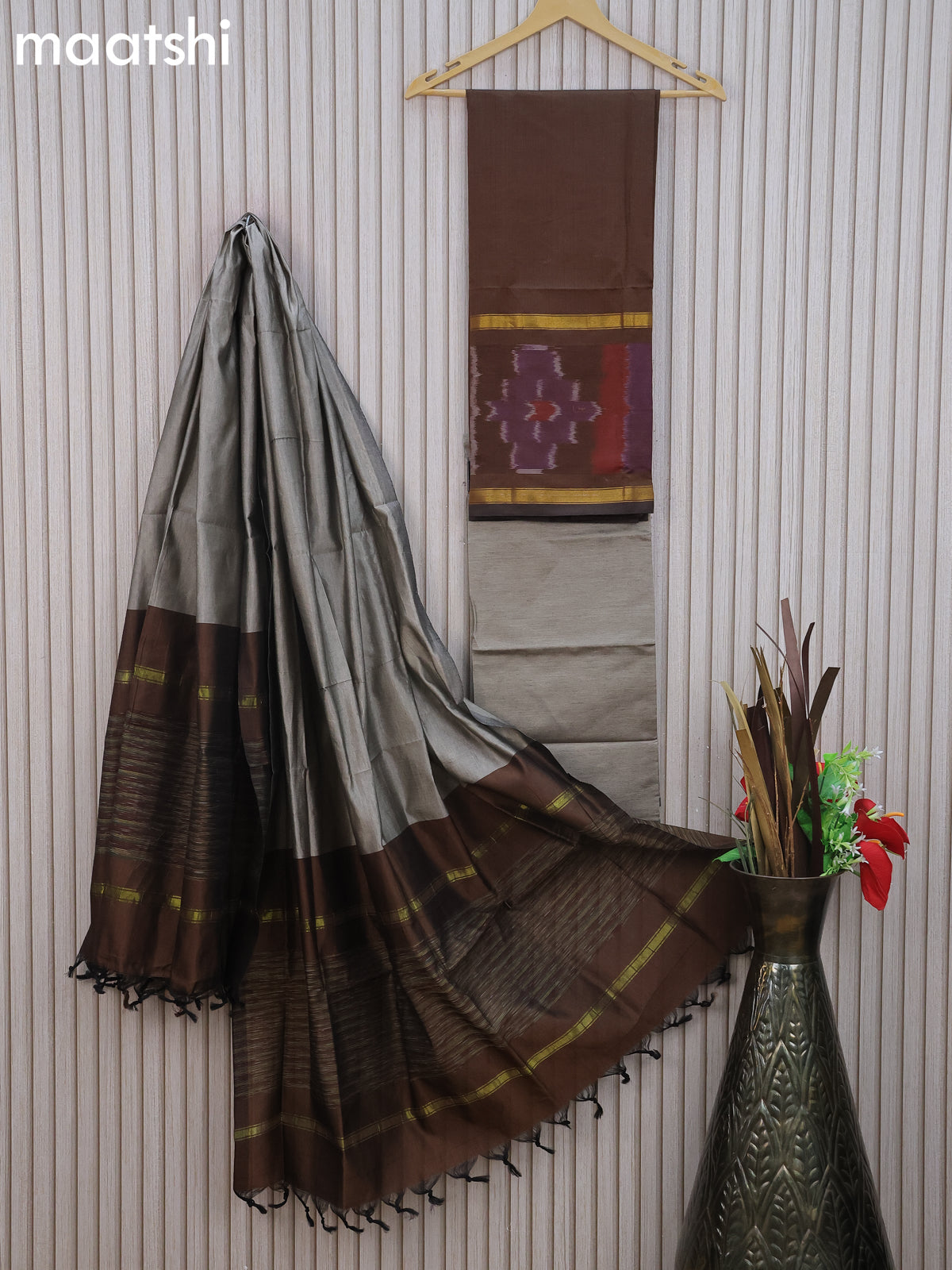 Ikat dress material brown and grey with plain body & ikat woven zari border and bottom & dupatta