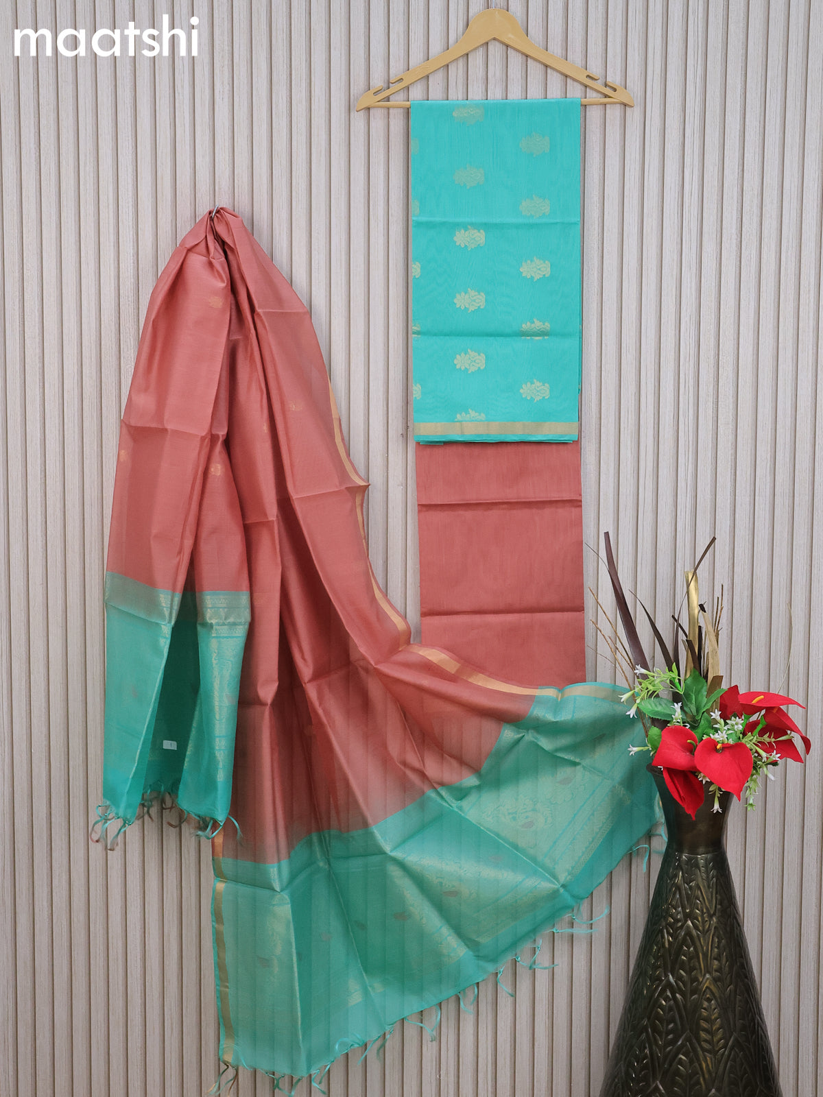 Silk cotton dress material teal blue and pastel peach shade with zari woven buttas and bottom & zari dupatta