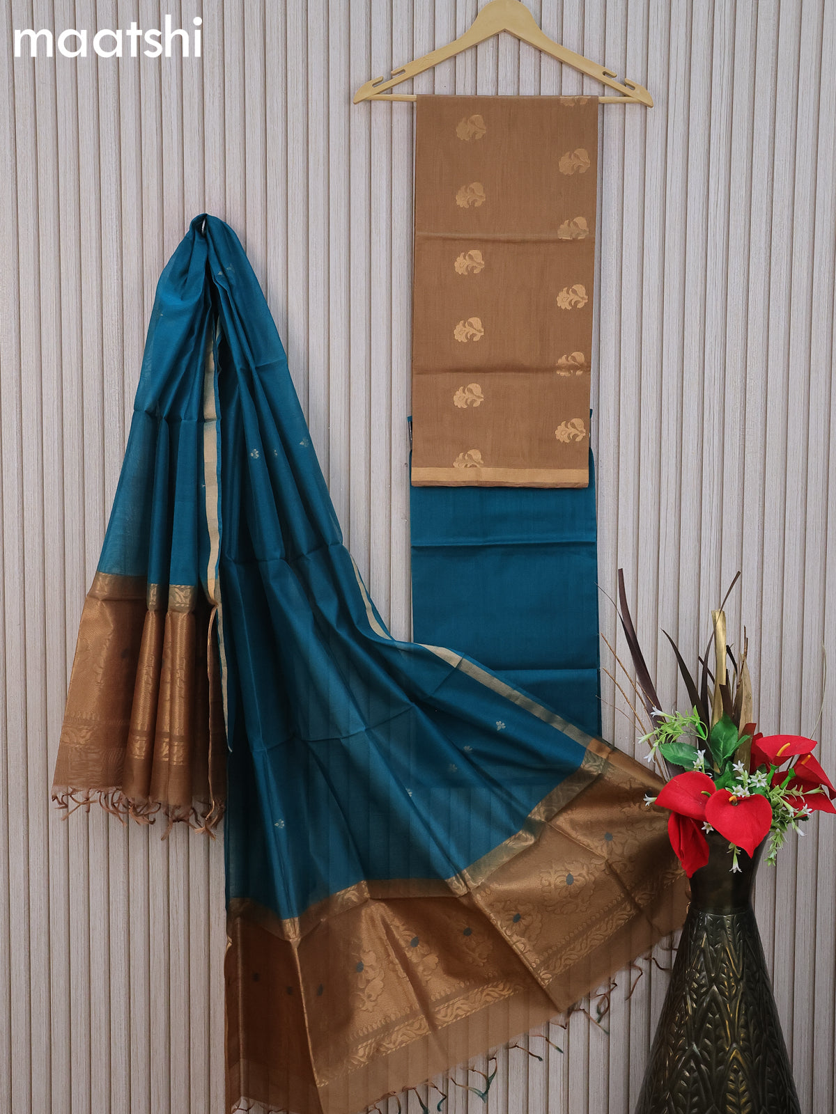 Silk cotton dress material dark sandal and peacock green with floral zari woven buttas and bottom & zari dupatta