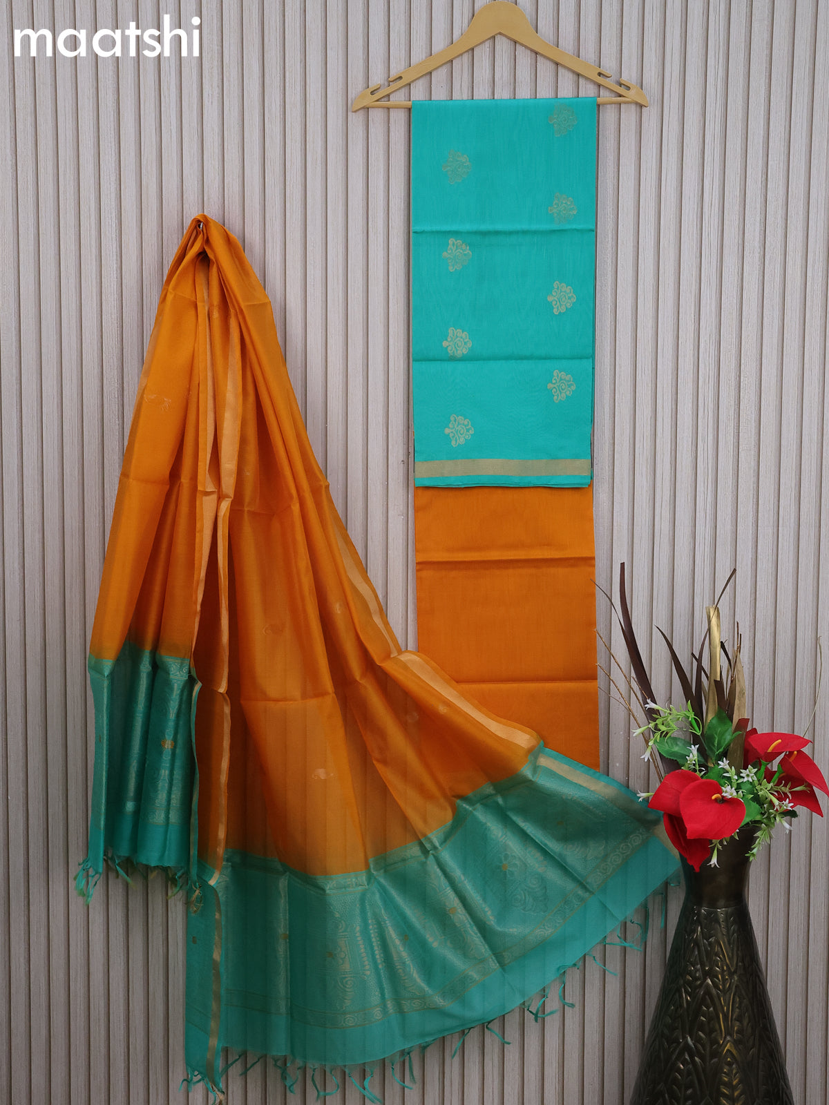 Silk cotton dress material teal blue and mango yellow with zari woven buttas and bottom & zari dupatta