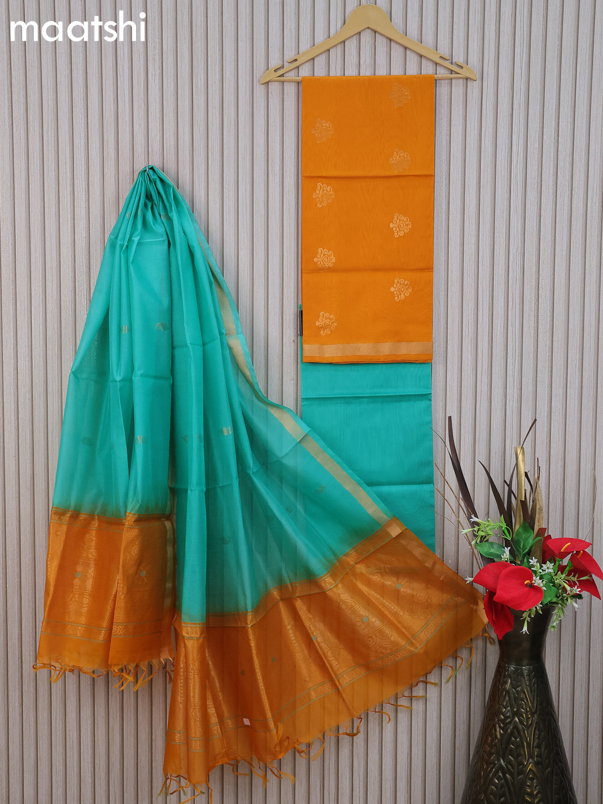 Silk cotton dress material mango yellow and teal blue with zari woven buttas and bottom & zari dupatta