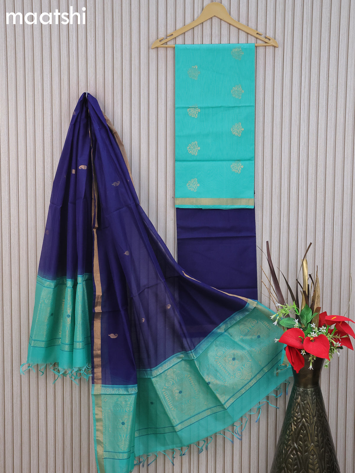 Silk cotton dress material teal blue and navy blue with zari woven buttas and bottom & zari dupatta