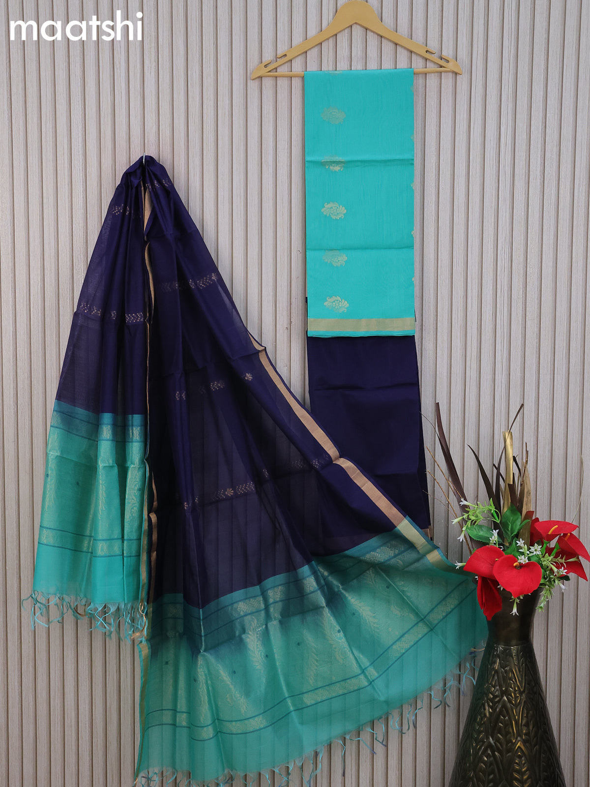 Silk cotton dress material teal blue and navy blue with zari woven buttas and bottom & zari dupatta