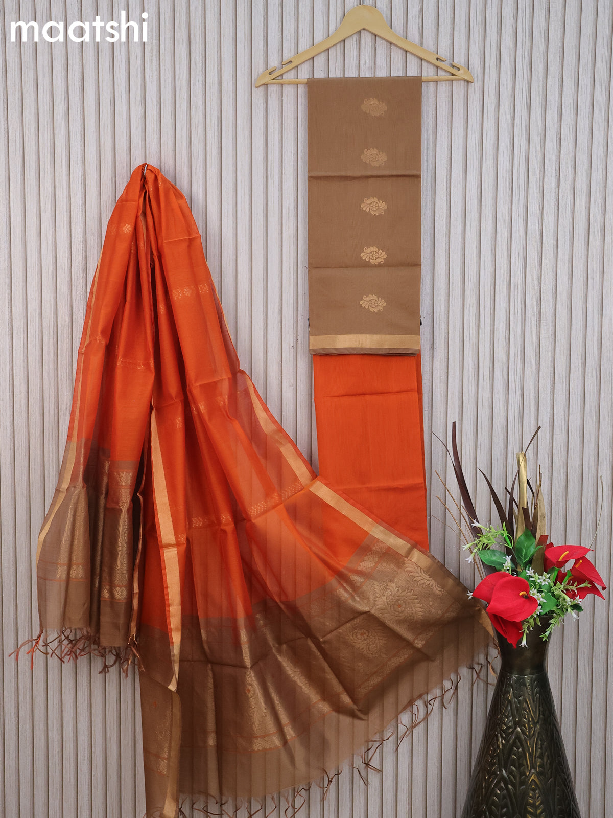 Silk cotton dress material dark sandal and orange with zari woven buttas and bottom & zari dupatta