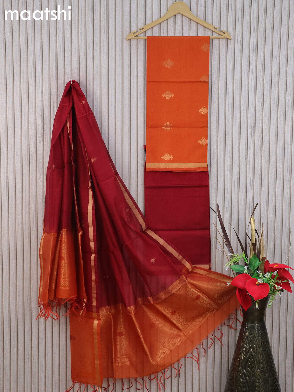 Silk cotton dress material orange and maroon with zari woven buttas and bottom & zari dupatta