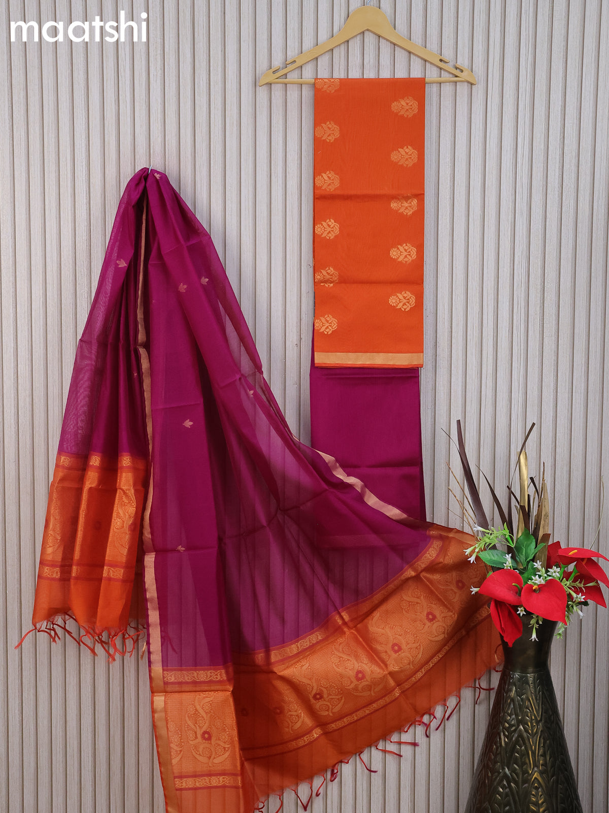 Silk cotton dress material rustic orange and purple with floral zari woven buttas and bottom & zari dupatta