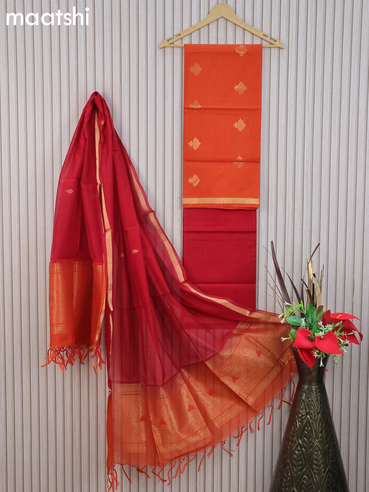 Silk cotton dress material rustic orange and maroon with zari woven buttas and bottom & zari dupatta