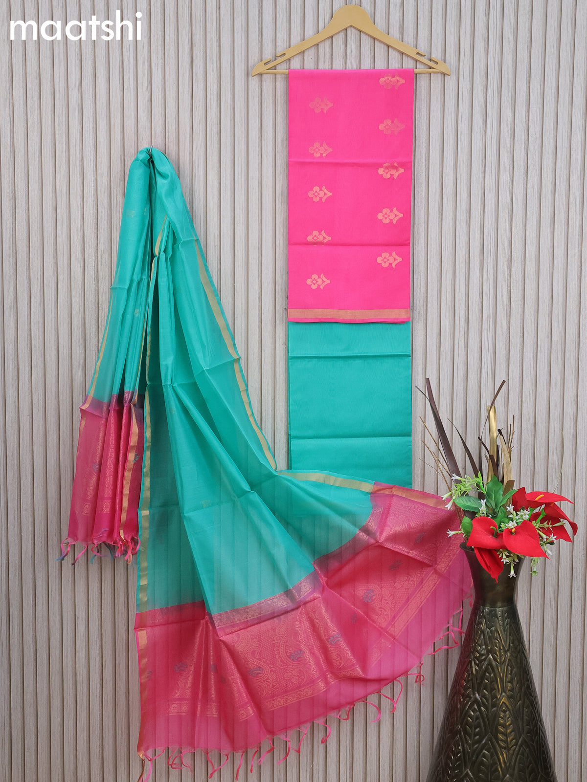 Silk cotton dress material candy pink and teal green shade with floral zari woven buttas and bottom & zari dupatta