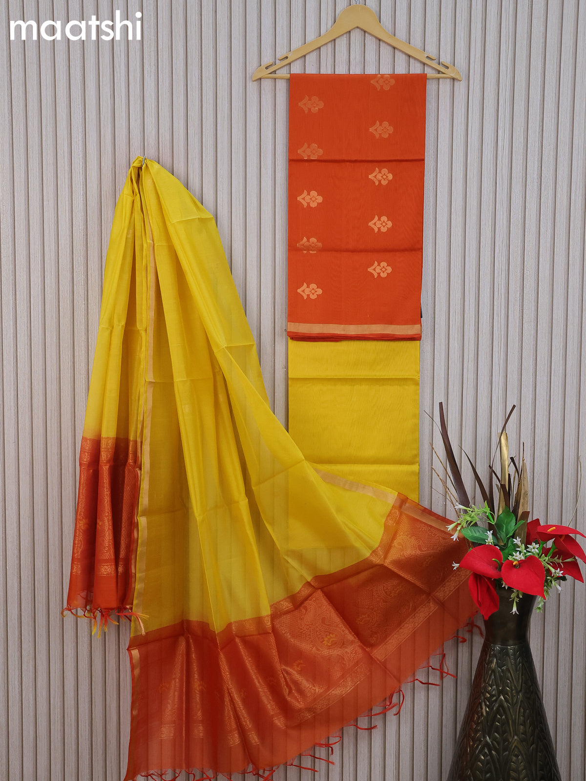 Silk cotton dress material rustic orange and yellow with floral zari woven buttas and bottom & zari dupatta