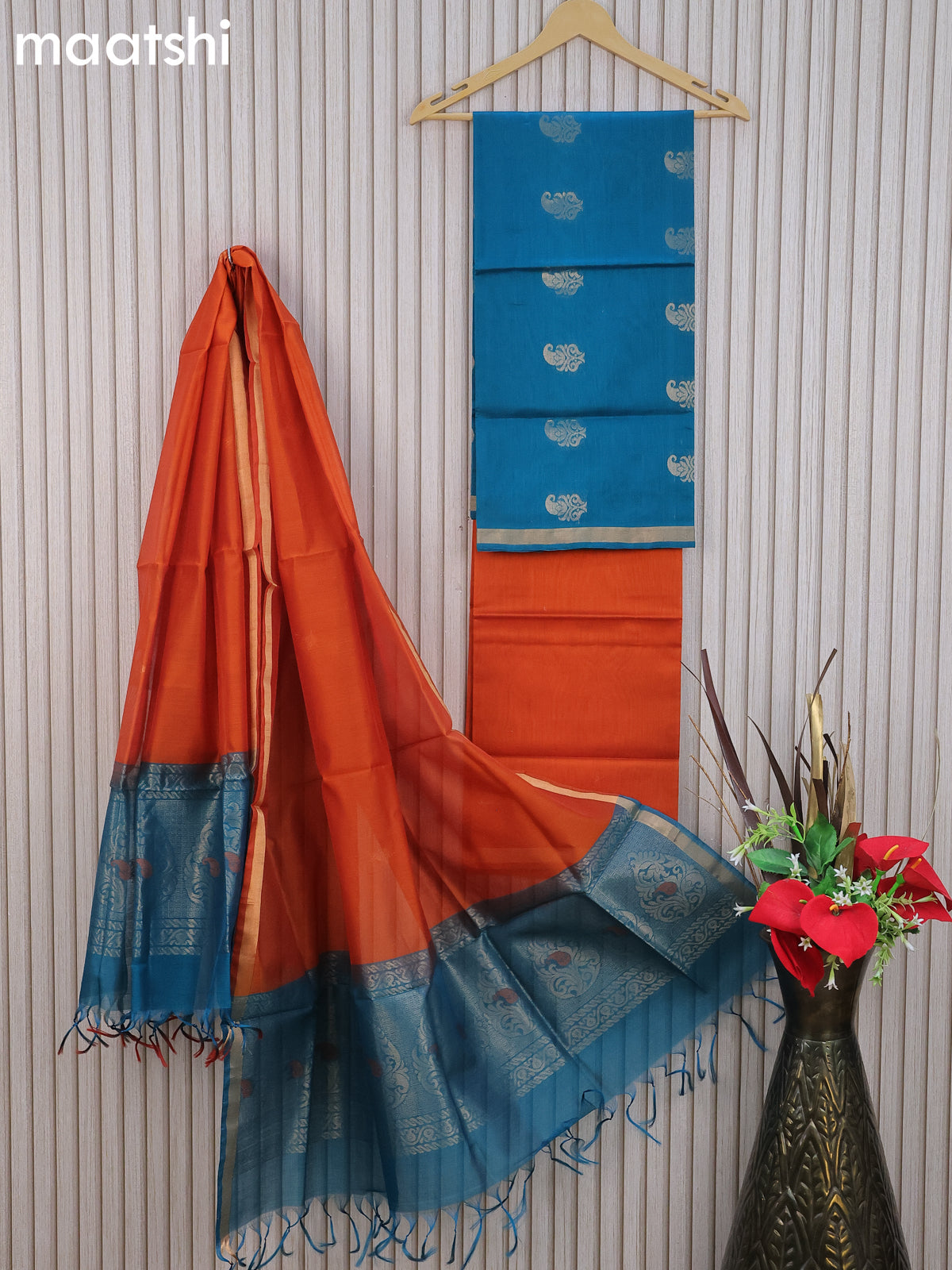 Silk cotton dress material peacock blue and rustic orange with paisley zari woven buttas and bottom & zari dupatta