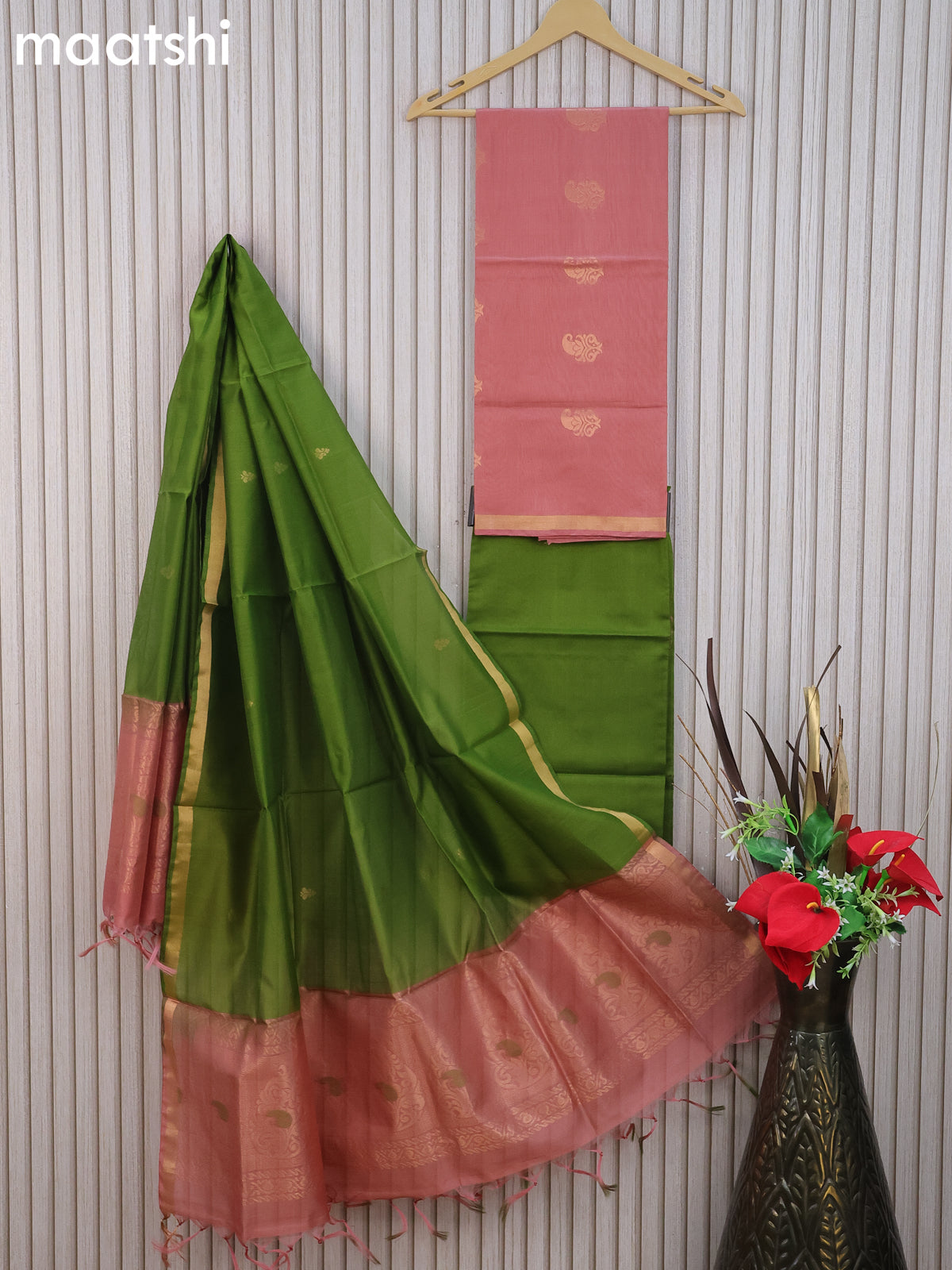 Silk cotton dress material pastel peach shade and light green with paisley zari woven buttas and bottom & zari dupatta