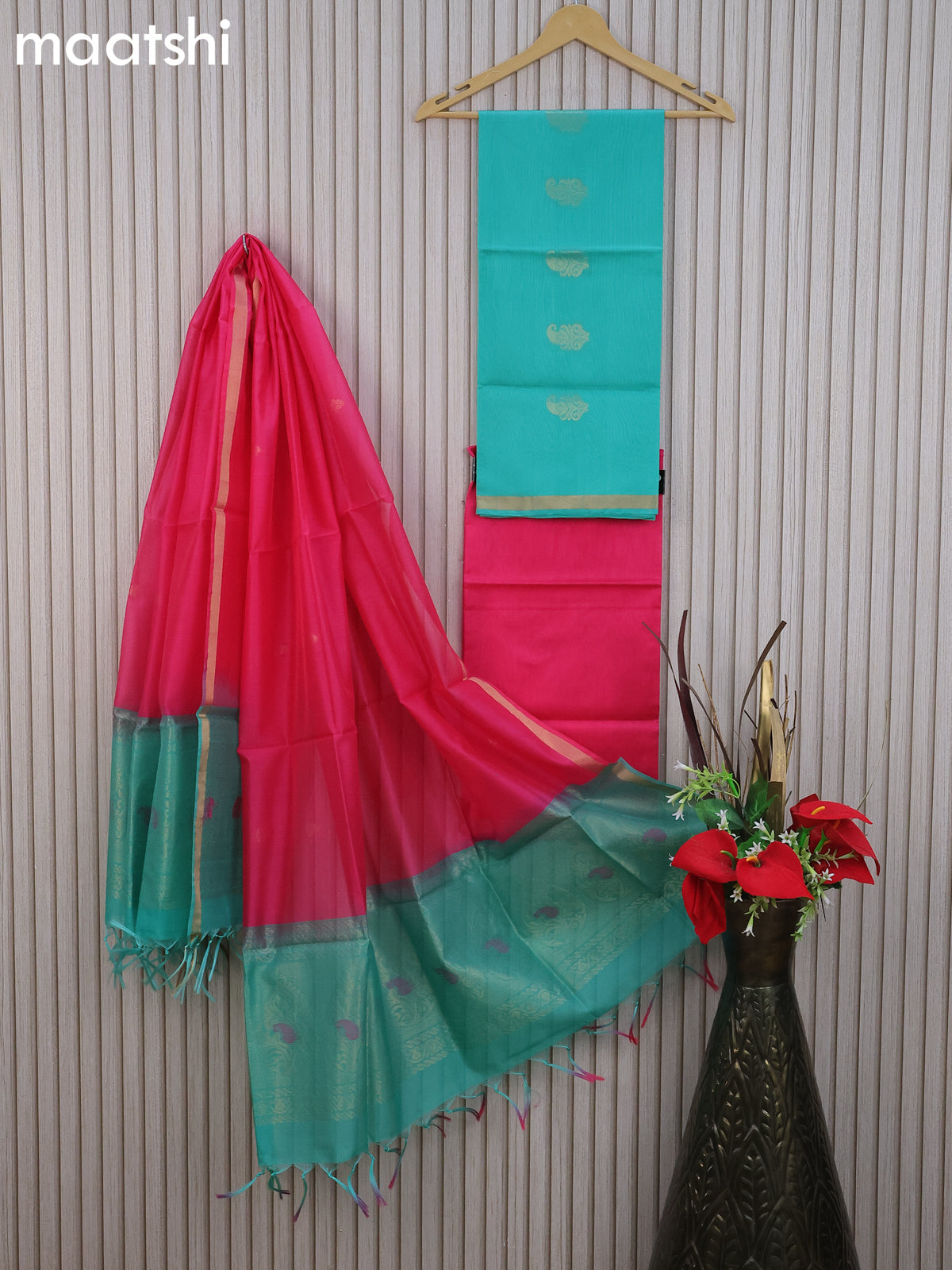 Silk cotton dress material teal blue and candy pink with paisley zari woven buttas and bottom & zari dupatta