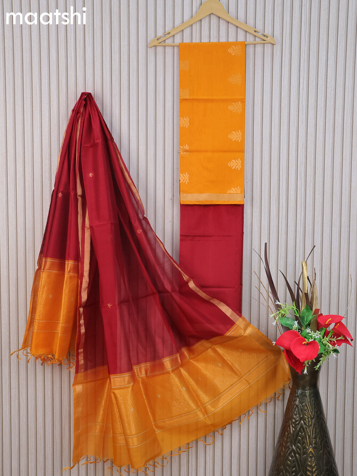 Silk cotton dress material mango yellow and maroon with zari woven buttas and bottom & zari dupatta