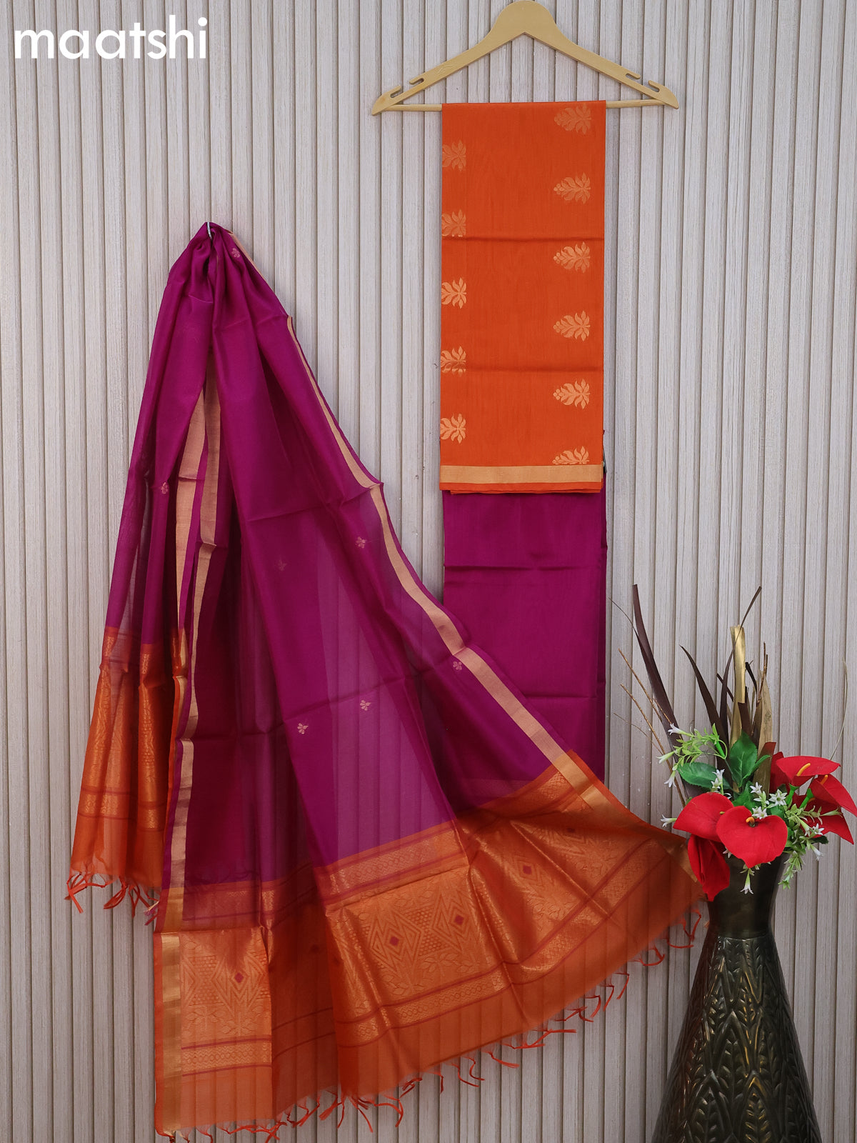 Silk cotton dress material orange and purple with zari woven buttas and bottom & zari dupatta