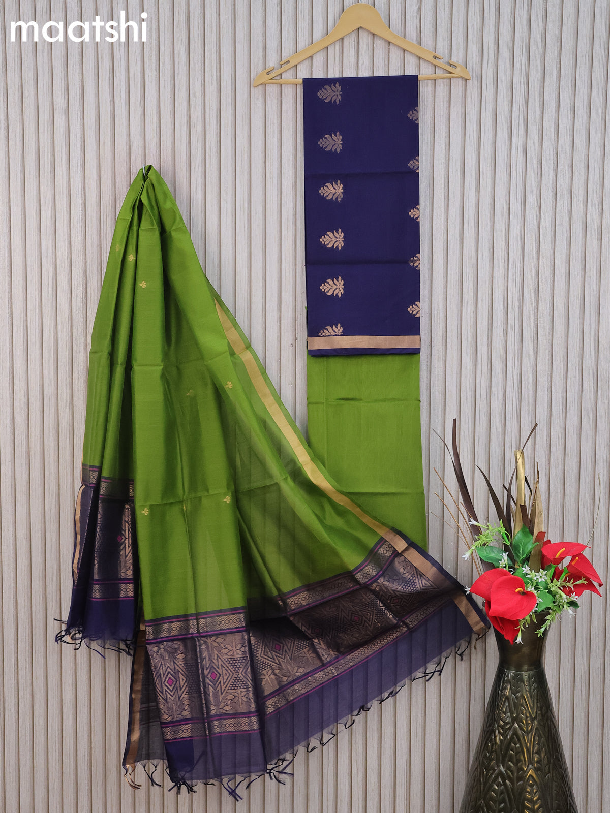 Silk cotton dress material navy blue and light green with zari woven buttas and bottom & zari dupatta