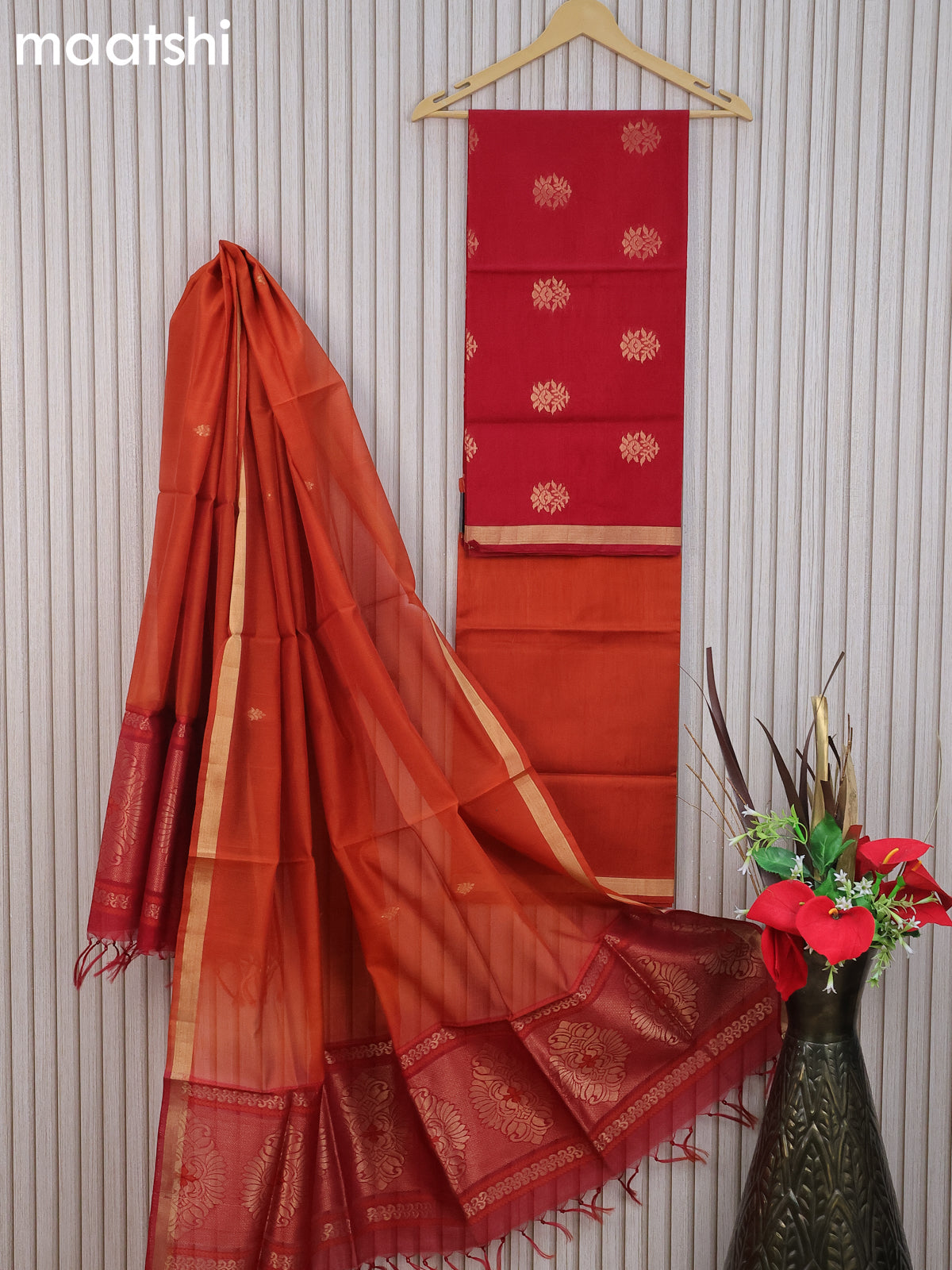 Silk cotton dress material maroon and rustic orange with floral zari woven buttas and bottom & zari dupatta