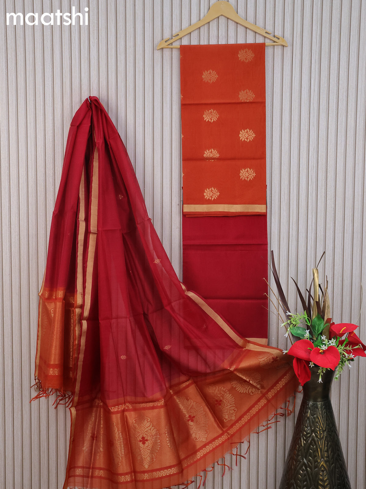 Silk cotton dress material rustic orange and maroon with floral zari woven buttas and bottom & zari dupatta