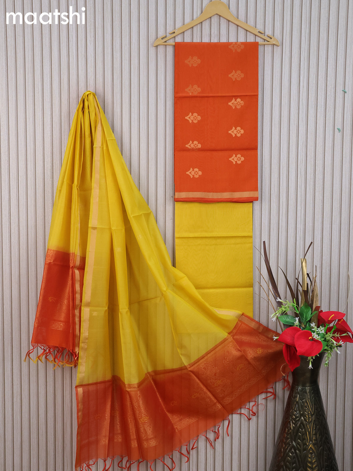 Silk cotton dress material orange and yellow with floral zari woven buttas and bottom & zari dupatta