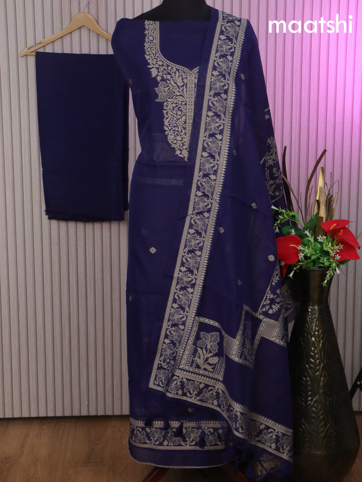 Munga cotton dress material navy blue with woven buttas & simple neck pattern and bottom & thread woven dupatta