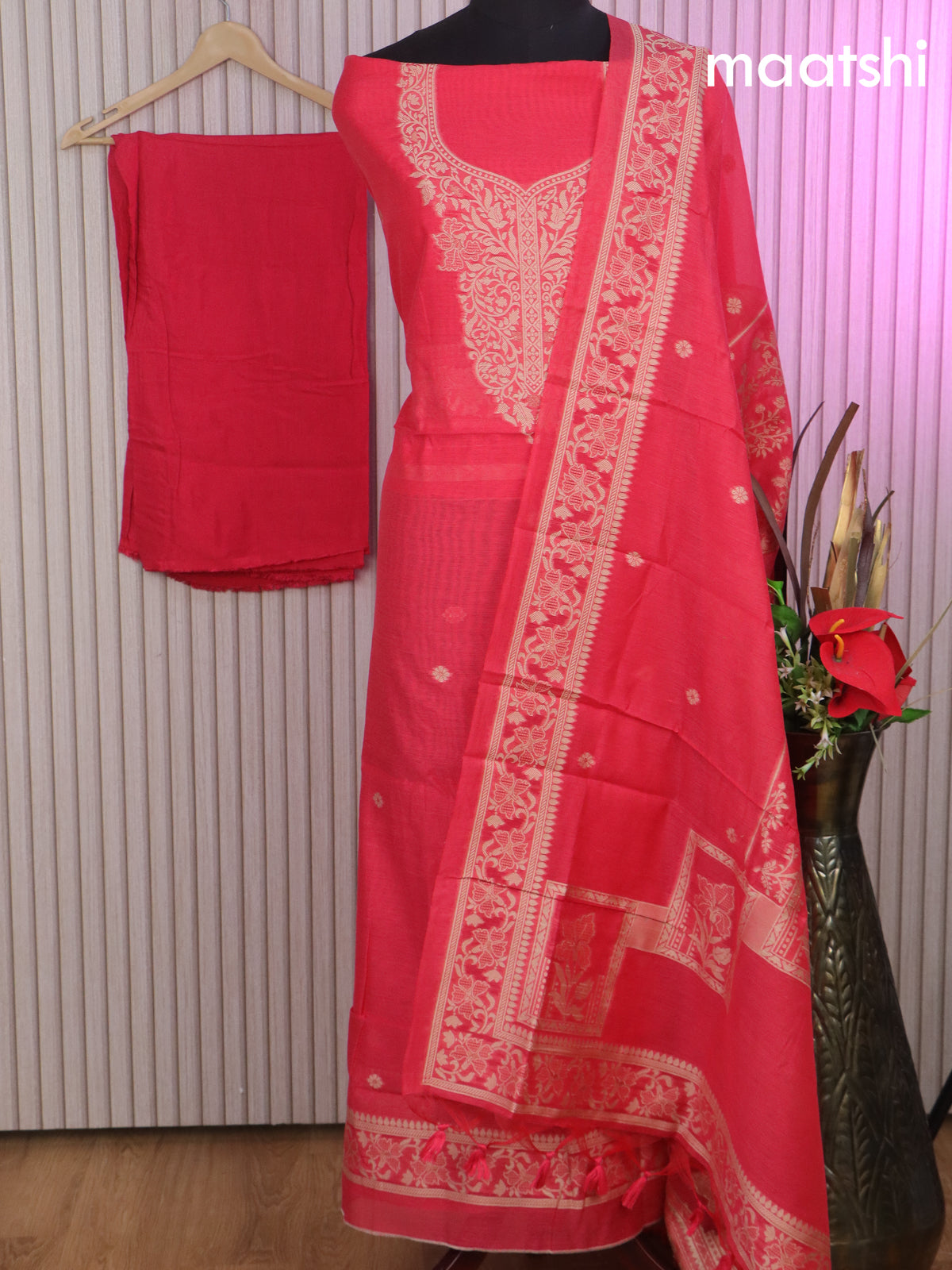 Munga cotton dress material peach pink with woven buttas & simple neck pattern and bottom & thread woven dupatta