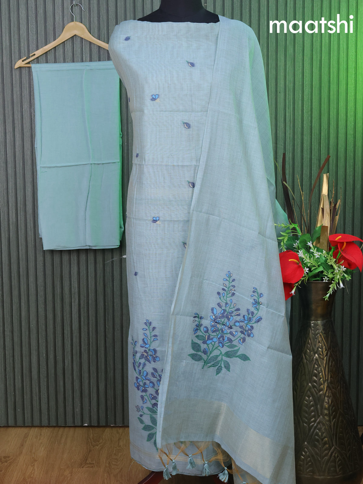 Munga cotton dress material pastel blue shade with thread & zari woven buttas and bottom & thread woven dupatta