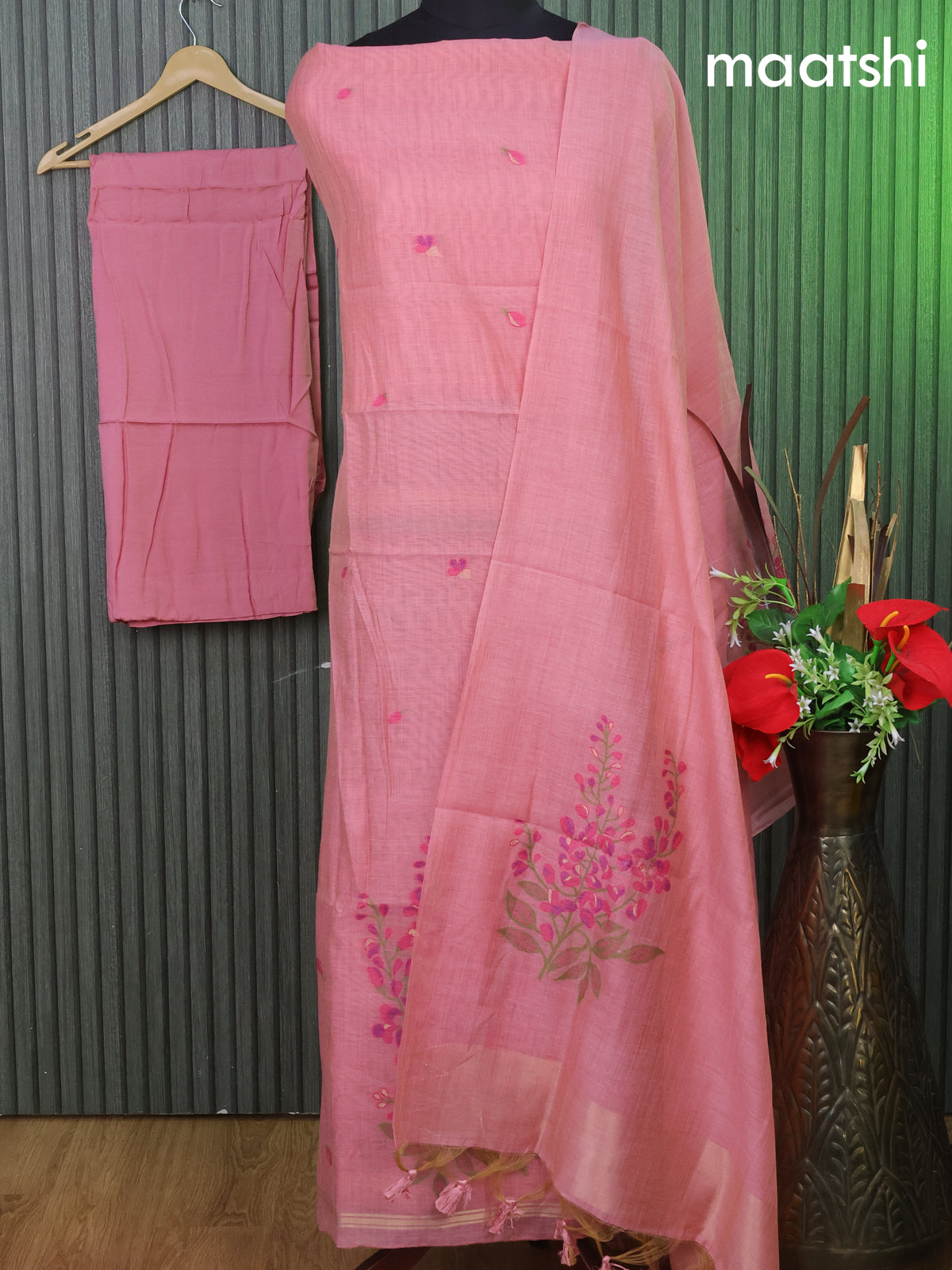 Munga cotton dress material peach pink with thread & zari woven buttas and bottom & thread woven dupatta