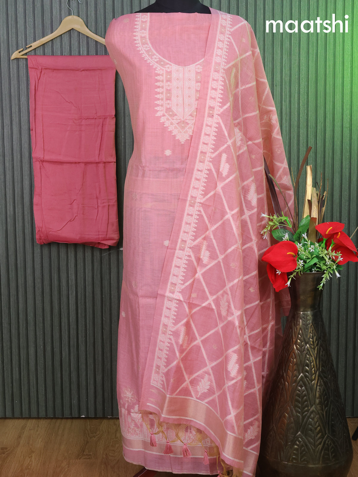 Munga cotton dress material peach pink with woven buttas & simple neck pattern and bottom & thread woven dupatta