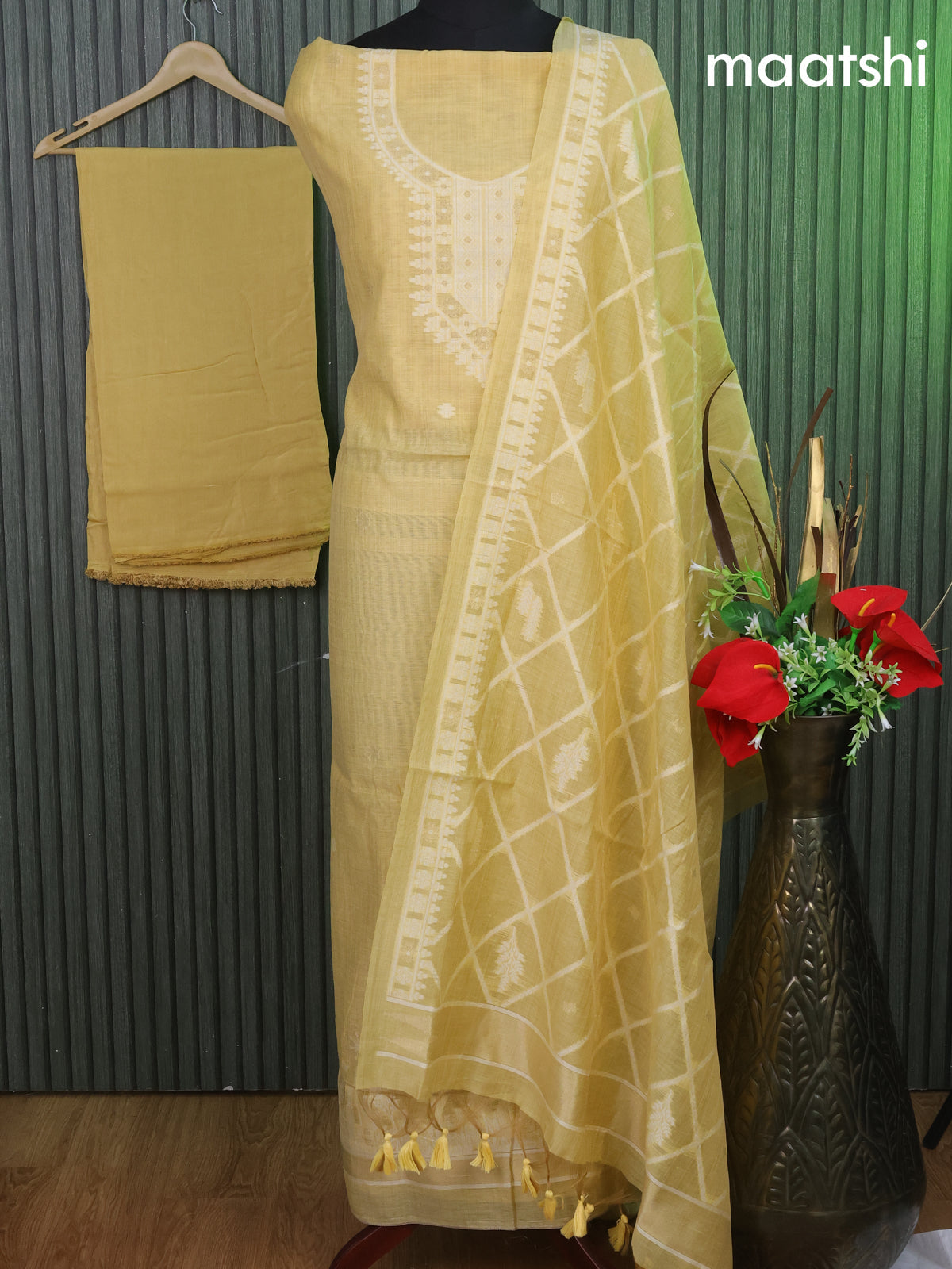 Munga cotton dress material pale yellow with woven buttas & simple neck pattern and bottom & thread woven dupatta