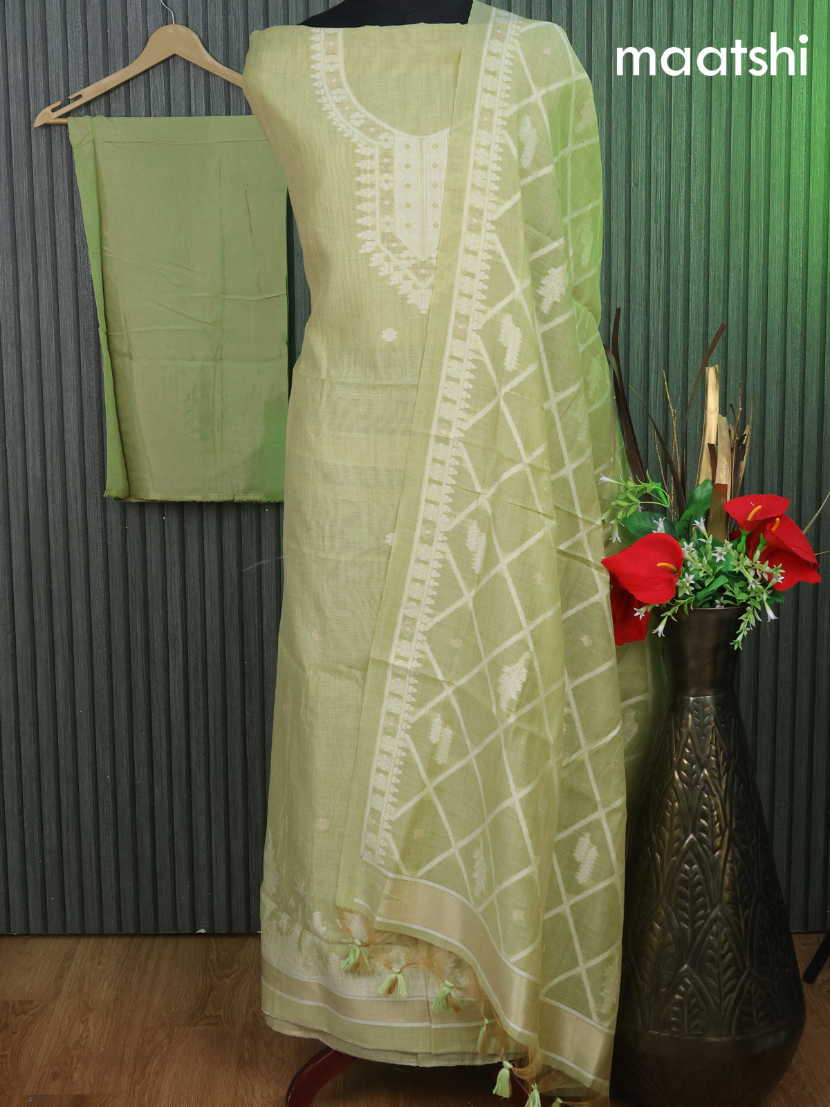 Munga cotton dress material pista green with woven buttas & simple neck pattern and bottom & thread woven dupatta