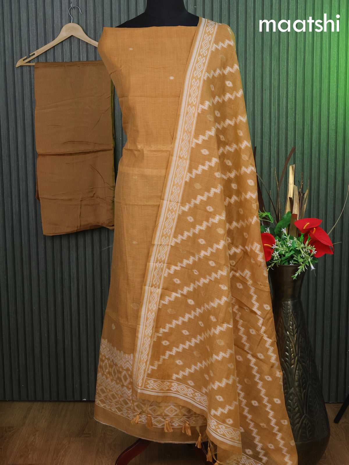 Munga cotton dress material mustard yellow with thread & zari woven buttas and bottom & thread woven dupatta